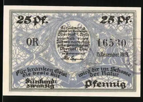 Notgeld Oberhof / Thür. 1919, 25 Pfennig, Skifahrer in Winterlandschaft