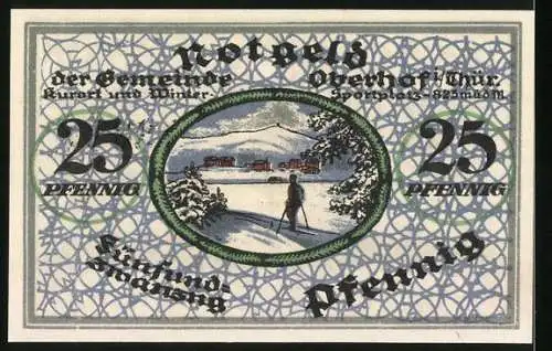 Notgeld Oberhof / Thür. 1919, 25 Pfennig, Skifahrer in Winterlandschaft