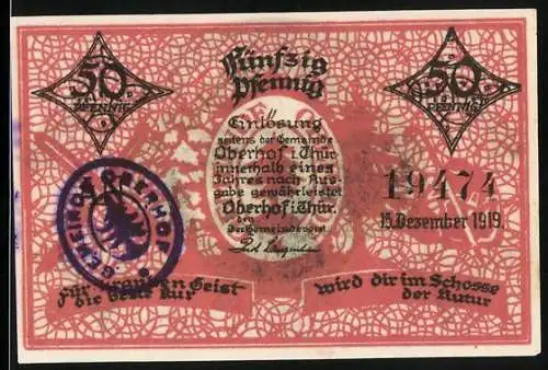 Notgeld Oberhof / Thür. 1919, 50 Pfennig, Ortsansicht