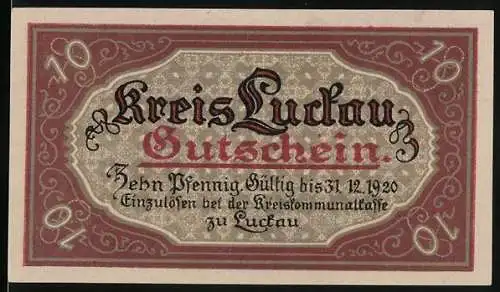 Notgeld Luckau 1920, 10 Pfennig, Wappen und Signatur