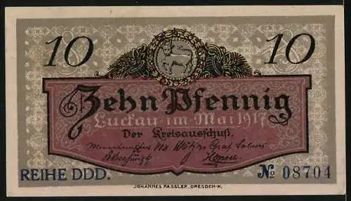 Notgeld Luckau 1920, 10 Pfennig, Wappen und Signatur