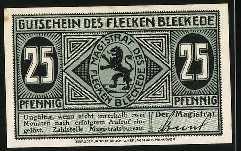 Notgeld Bleckede, 25 Pfennig, Wappen und alte Burg