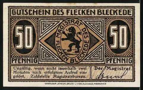 Notgeld Bleckede, 50 Pfennig, Wappen und alte Burg