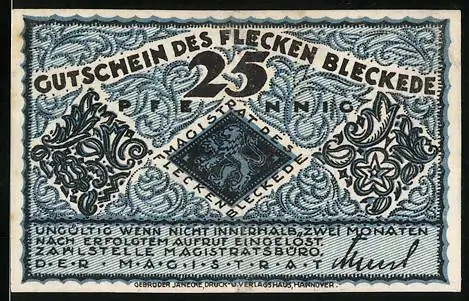 Notgeld Bleckede, 25 Pfennig, Amtshaus und Wappen