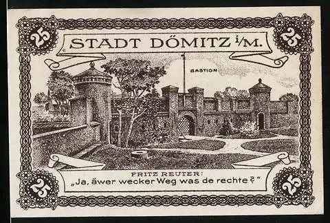 Notgeld Dömitz i. M. 1920, 25 Pfennig, Bastion