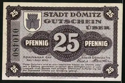 Notgeld Dömitz i. M. 1920, 25 Pfennig, Bastion