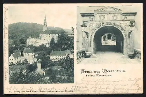 AK Weesenstein, Torbogen des Schloss Weesenstein, Blick auf das Schloss