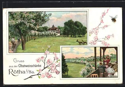 Lithographie Rötha i. Sa., Obstweinschänke, Allee mit blühenden Obstbäumen