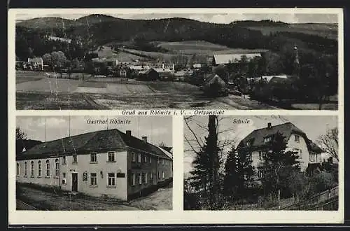 AK Rössnitz i. V., Ortsansicht, Gasthof Rössnitz, Schule