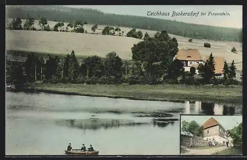 AK Burkersdorf bei Frauenstein, Teichhaus, Ruderpartie auf dem See