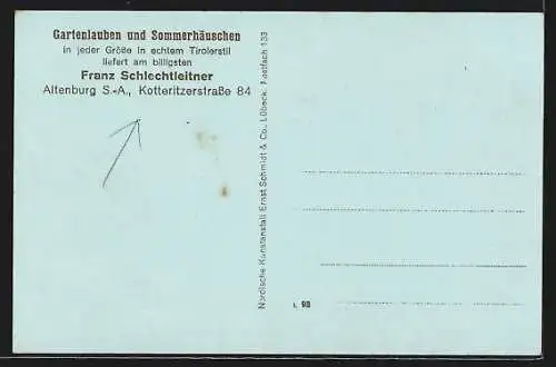 AK Altenburg / Thür., Gartenlauben- und Sommerhäuschen-Bau Franz Schlechtleitner, Kotteritzerstrasse 84