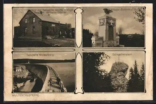 AK Muldenberg i. Vogtl., Gasthof zur Talsperre Mulde, Krieger-Ehrenmal, Talsperre und Schneckenstein