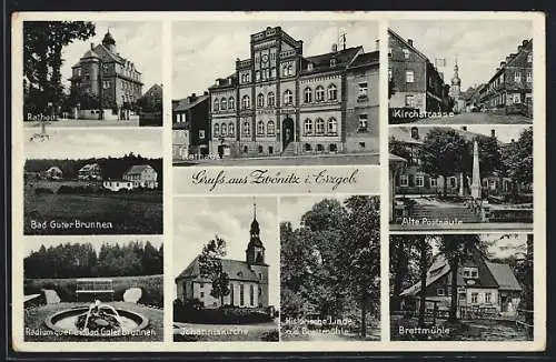 AK Zwönitz / Erzgeb., Rathaus, Johanniskirche, Kirchstrasse, Alte Postsäule, Brettmühle, Bad Guter Brunnen, Radiumquelle