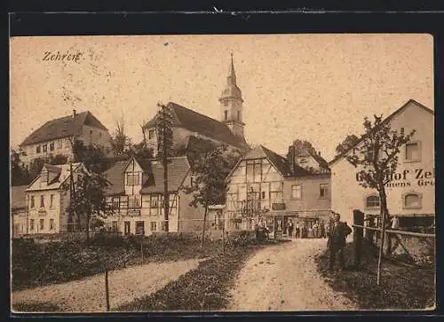 AK Zehren, Ortspartie mit Gasthof und Blick zur Kirche