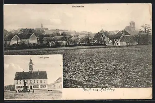 AK Schildau, Marktplatz mit Ratskeller, Totalansicht