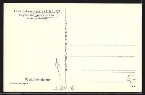 AK Lauenstein i. Sa., Müglitztal, Partie am Bahnhof, Unwetterkatastrophe am 8. Juli 1927