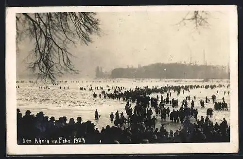 AK Biebrich, Zugefrorener Rhein im Februar 1929, Unwetter