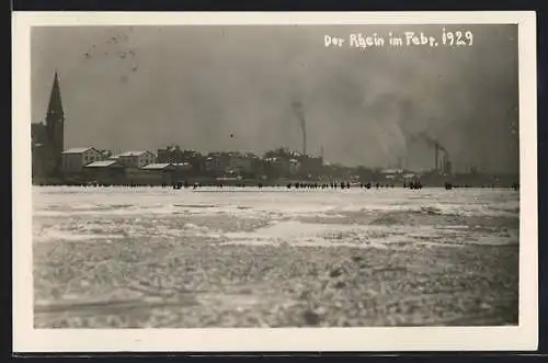 AK Biebrich, Zugefrorener Rhein im Februar 1929, Unwetter