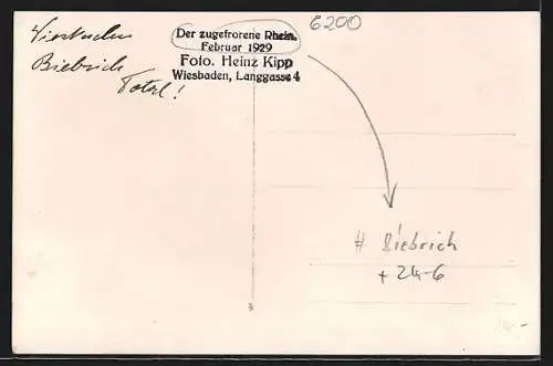 AK Biebrich, Zugefrorener Rhein im Februar 1929, Unwetter