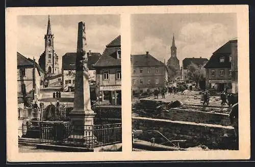 AK Bad Berggiesshübel, Platz an der Brücke vor & nach dem Hochwasser 1927