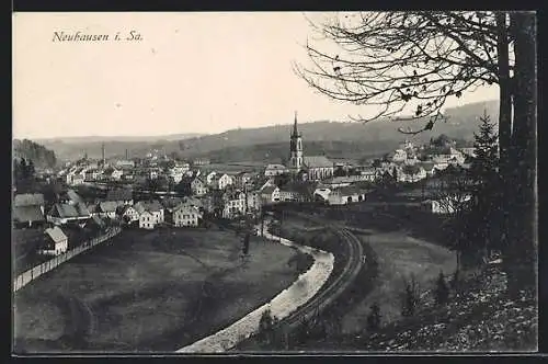 AK Neuhausen in Sa., Ortsansicht mit Kirche