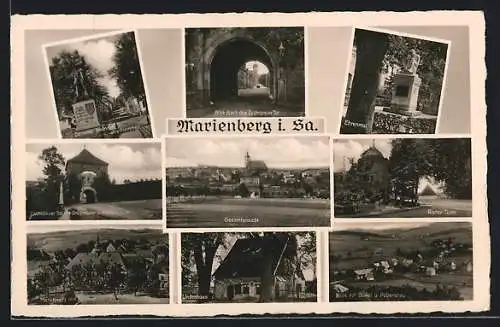 AK Marienberg i. Sa., Ehrenmal, Blick durch das Zschopauer Tor, Denkmal Heinrich des Frommen, Marktplatz und Lindenhaus