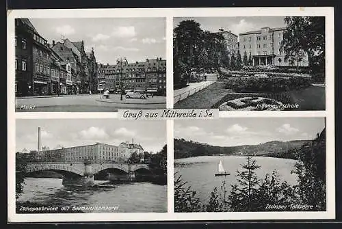 AK Mittweida i. Sa., Markt, Ingenieurschule, Zschopaubrücke mit Baumwollspinnerei