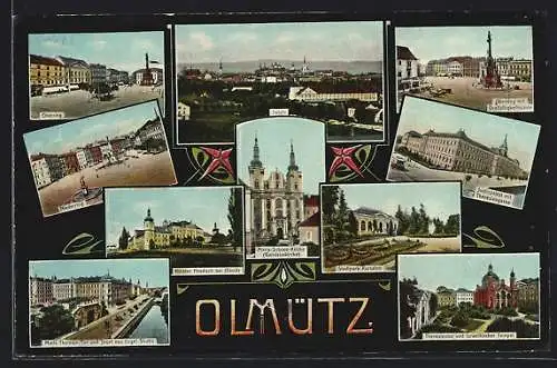 AK Olmütz, Kloster Hradisch, Oberring und Niederring, Dreifaltigkeitssäule, Justizpalast, Maria-Schnee-Kirche