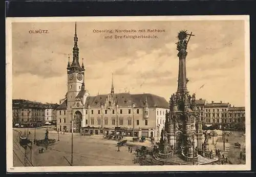 AK Olmütz, Oberring, Nordseite mit Rathaus und Dreifaltigkeitssäule