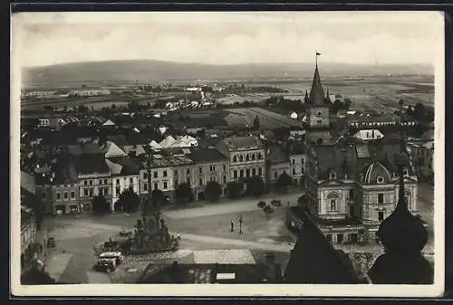 AK Unicov, Pohled s Veze, Blick auf den Ringplatz und die Stadt
