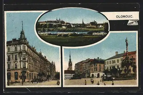 AK Olomouc, Ortsansicht, Strassenpartie, Dreifaltigkeitssäule