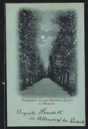 Mondschein-AK Prestavlk, Parkansicht aus dem Ursulinen-Kloster