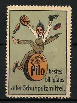 Reklamemarke Galop-Creme Pilo ist bestes u. billigstes aller Schuhputzmittel, Schuster reitet auf einer Schuhputzdose