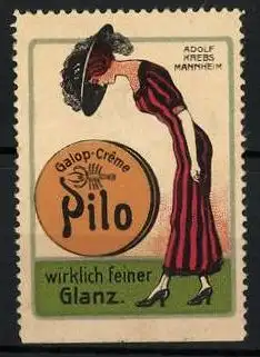Reklamemarke Galop-Creme Pilo, wirklich feiner Glanz, Firma Adolf Krebs, Mannheim, Frau blickt auf geputzte Schuhe