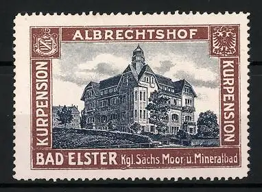 Reklamemarke Bad Elster, Kgl. Sächs. Moor- und Mineralbad, Kurpension Albrechtshof, Wappen