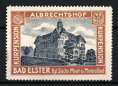 Reklamemarke Bad Elster, Kgl. Sächs. Moor- und Mineralbad, Kurpension Albrechtshof, Wappen