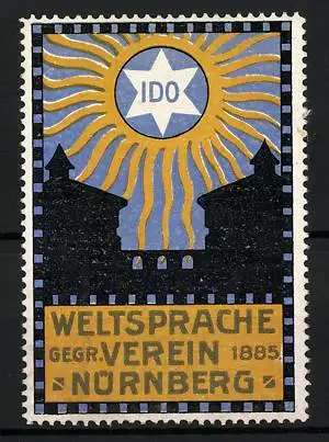 Reklamemarke Weltspracheverein IDO Nürnberg, gegr. 1885, Turmsilhouette