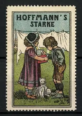 Reklamemarke Hoffmann's Stärke, Kinder mit Katzen an einer Wäscheleine stehend