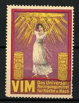 Reklamemarke VIM Universal-Reinigungsmittel f. Küche & Haus, Frau hebt eine grosse goldene Schale in die Höhe