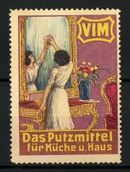 Reklamemarke VIM Putzmittel für Küche & Haus, Hausfrau putzt einen grossen Spiegel, Firmenlogo