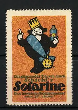 Reklamemarke Solarine ist bewährtes Metallputzmittel, Firma Schicht, Figur mit Siegerschleife und Putzmittel