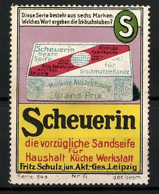 Reklamemarke Scheuerin vorzügliche Sandseife für Haushalt und Werkstatt, Fritz Schulz AG Leipzig, Schachtel