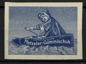 Reklamemarke Metzeler-Gummischuh, Münchner Kindl rudert in einem Schuh