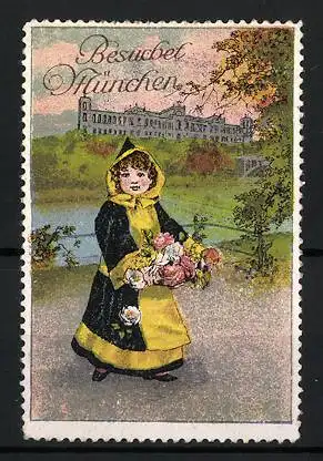 Reklamemarke Besuchet München, Münchner Kindl mit Blumen
