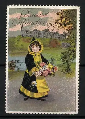 Reklamemarke Besuchet München, Münchner Kindl mit Blumen
