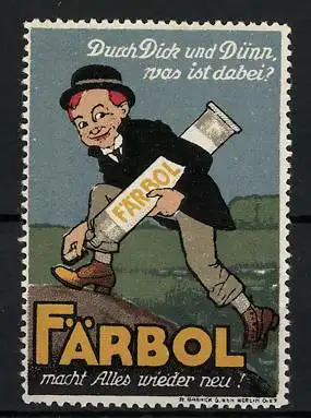 Reklamemarke Färbol macht Alles wieder neu!, Mann putzt seinen Schuh, Tube unter dem Arm