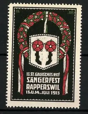 Reklamemarke Rapperswill, 13. St. Gällisches Sängerfest 1913, Wappen und Ehrenkranz