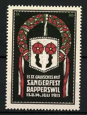 Reklamemarke Rapperswill, 13. St. Gällisches Sängerfest 1913, Wappen und Ehrenkranz