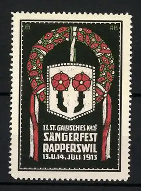 Reklamemarke Rapperswill, 13. St. Gällisches Sängerfest 1913, Wappen und Ehrenkranz