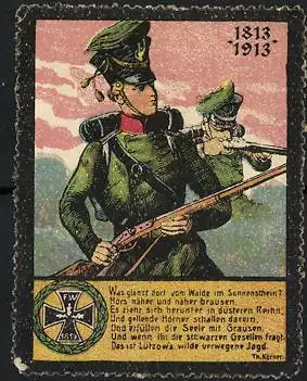 Reklamemarke Befreiungskriege, Hundertjahrfeier 1813-1913, Lützows wilde Jagd, Soldaten & Eisernes Kreuz